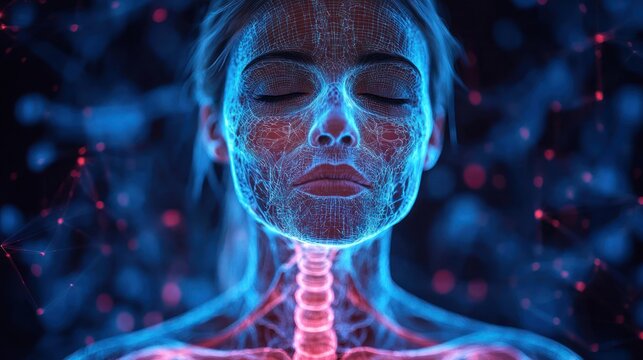 Digital portrait of a woman, face and neck, anatomical overlay