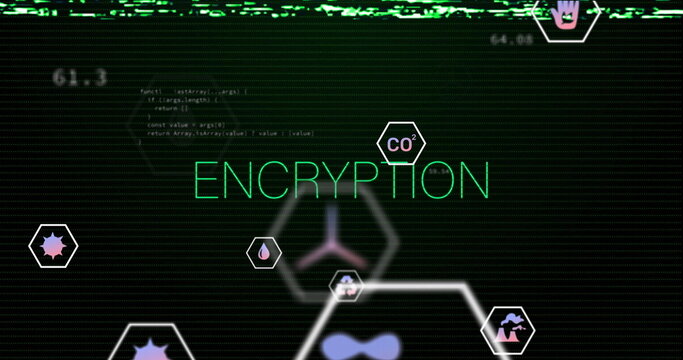 Neon green ENCRYPTION text pulsating on terminal screen, with hex icons, glitch lines, code snippet