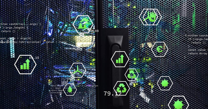 Displaying server rack door revealing switches in data center showing hexagon energy and code icons