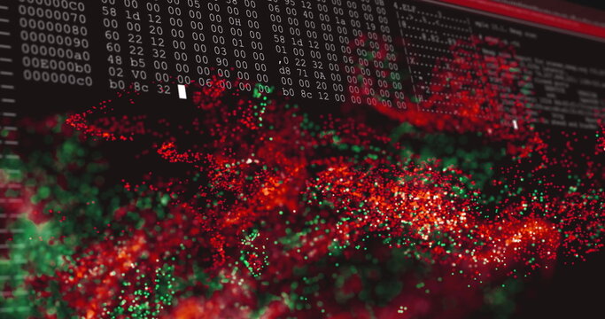 Displaying red and green particle wave formation on digital screen, with hex and binary code lines