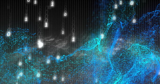 Flowing central wave of blue and cyan particles undulating in data network, with binary digits - Powered by Adobe