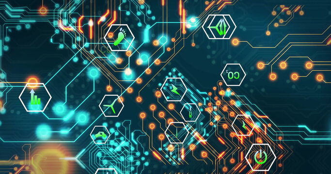 Showing circuit flashing on screen with teal traces, hex icons for footprint, leaf, CO? and energy