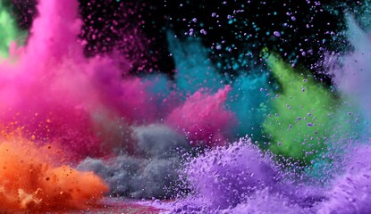Colorful dust powder explosion black background with copy space. Dynamic blast eruption, vibrant effect, party, celebration, festival, color run element