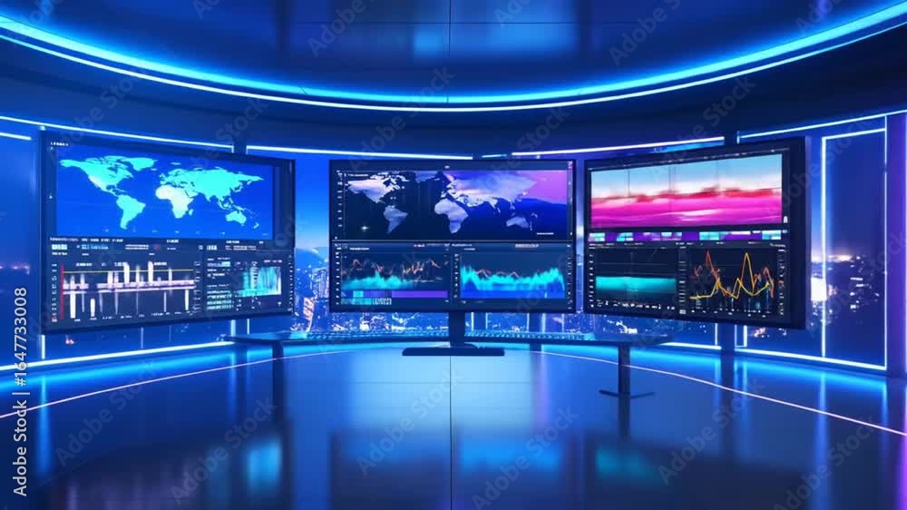 Poster futuristic trading room with data visualization on multiple screens
