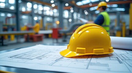Hard hat and blueprints in factory, a yellow helmet and plans rest on a desk in a workshop, illustrating industrial planning and manufacturing processes.