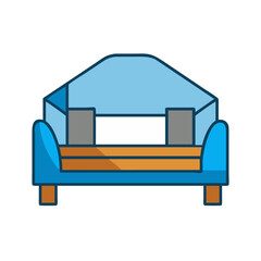 Stylized blue couch illustration with cushions and wooden base against black background