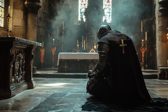 medieval knight kneeling in chapel before altar