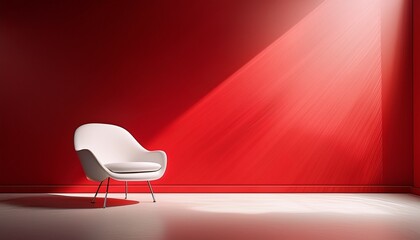 a stylish white chair stands alone in an elegant red room bright beams of light highlight its shape and design this minimalistic image captures modern decor beautifully ai