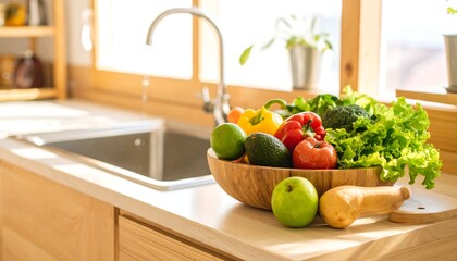 Fresh Produce Overflowing from Wooden Bowl on Kitchen Countertop near Sink and Window