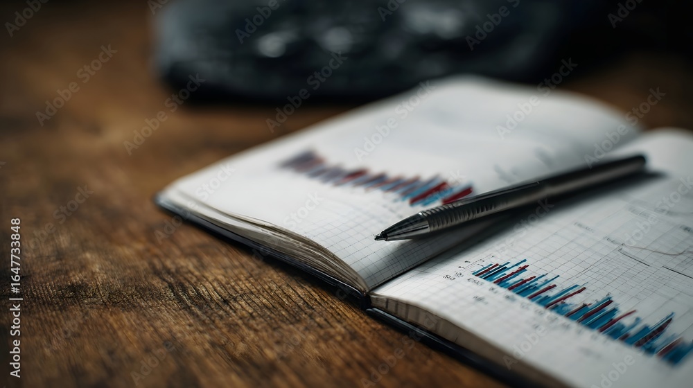 Poster a business plan written in a notebook with financial graphs long title a close up view of a notebook