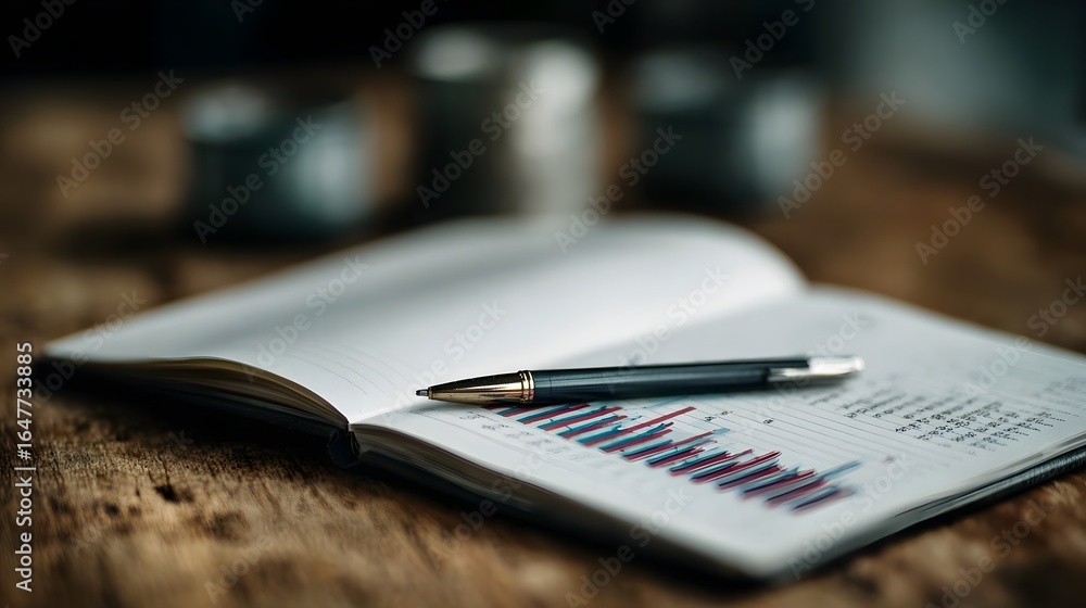 Poster business plan outlined in notebook with data graphs