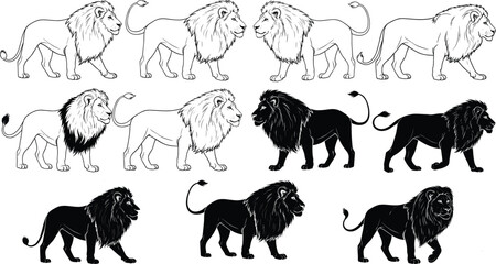 Lion vector set, majestic big cats in standing poses, black and white lion illustrations, wild animal silhouettes, powerful jungle wildlife art collection