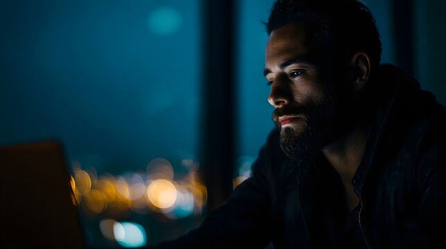 Focused entrepreneur working late into the night under moody lighting