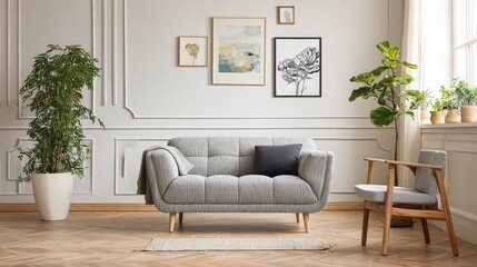 real photo of a comfy couch next to a plant and chair in a living room interior paintings in the background no logos no brands ar 169