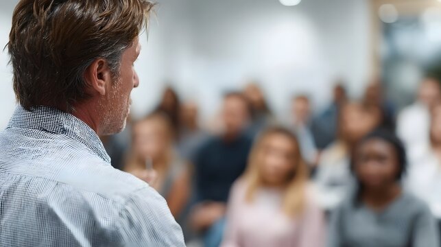 Business coach leading a seminar for an audience in a classroom setting