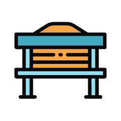 Minimalist graphic of a wooden stand or table in teal and orange