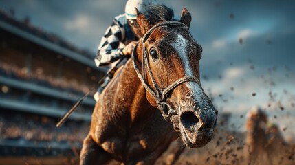 Racehorse galloping with jockey at a racetrack during a sunny day with spectators in the background