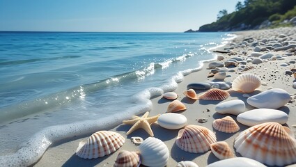 Tranquil Beach Scene Featuring Seashells and Starfish Along the Shoreline with Clear Blue Water on a Sunny Day