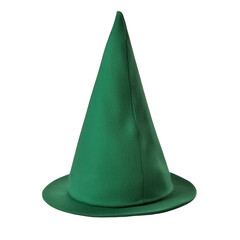 Fototapeta premium Vibrant green witch hat with tall, pointed design and wide brim, perfect for Halloween or costume parties, adding whimsical touch to any outfit