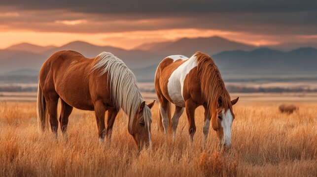Horses grazing in a golden meadow at sunset with mountains in the background