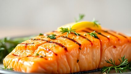 Perfectly grilled salmon fillet, adorned with fresh lemon and vibrant herbs, showcasing a healthy and gourmet seafood dish.