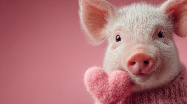 Cute piglet with a heart-shaped decoration posing on a pink background during a cheerful moment