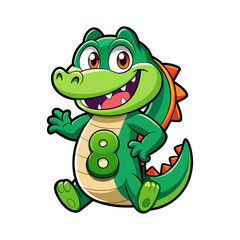 Playful alligator cartoon character with giant number eight, fun children’s book illustration, cute educational animal vector design for kids