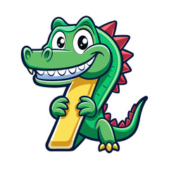 Playful cartoon alligator character with giant number seven, fun children’s book illustration, educational animal design for kids learning numbers