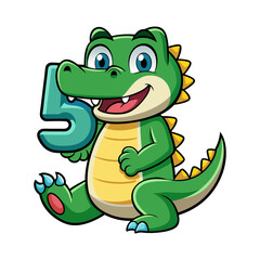 Fototapeta premium Playful alligator character holding giant number five, fun children book vector illustration, cute educational animal design for kids learning numbers