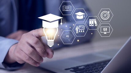 AI learning and innovation concepts. A lightbulb with a graduation cap symbolizes new ideas and knowledge in artificial intelligence and education.