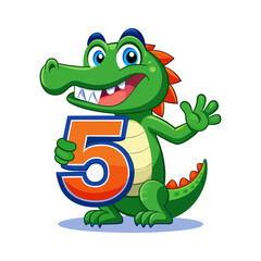 Fototapeta premium Playful alligator character holding giant number five, fun children book vector illustration, cute educational animal design for kids learning numbers