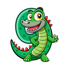 Playful cartoon alligator character with giant number nine, cute children’s book illustration design for kids learning numbers and animals