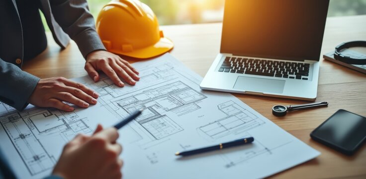 Architects and engineers meeting, a team gathers around blueprints with a laptop and hard hat, illustrating collaborative design, planning, and project development.