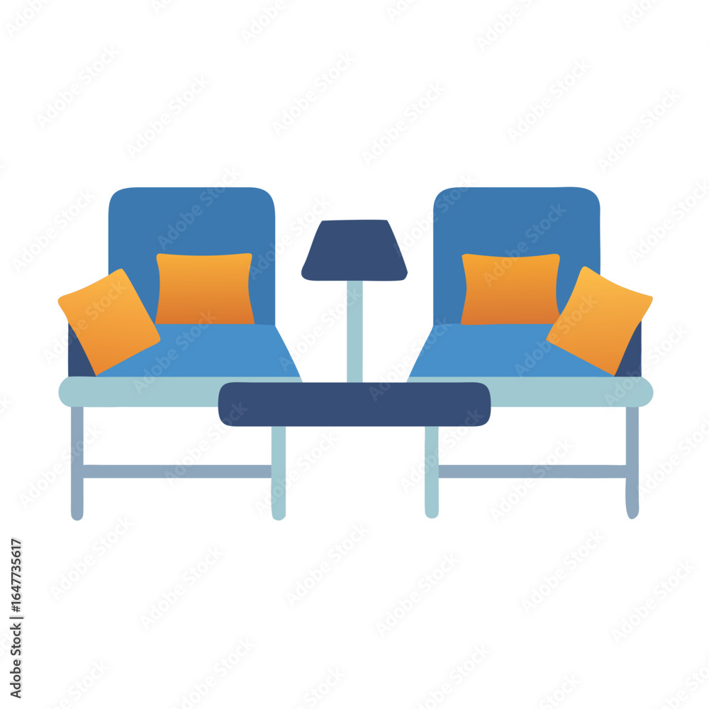 Poster two chairs with orange pillows and a table with a lamp in between