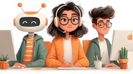 Diverse team working together in friendly tech support, collaboration between human and AI, modern workspace with friendly team, cartoon style design, teamwork for future