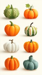 Colorful variety of decorative pumpkins in different shapes and sizes on a light background