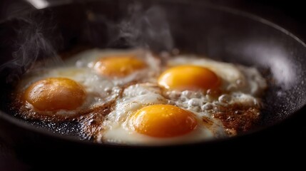Fried eggs sizzling in a hot pan
