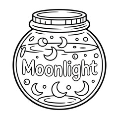 Magical Moonlight Jar with Stars Coloring Page - Cute & Cozy Coloring Book for Relaxation and Creativity. Easy, line art vector illustration, Coloring Pages for Kids & Adults