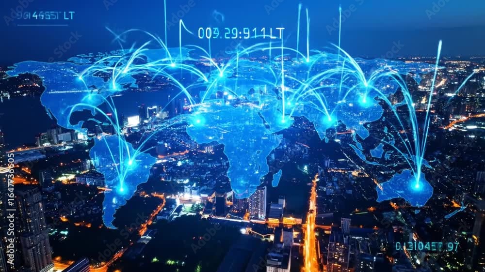 Poster global network connection: cityscape with digital world map overlay
