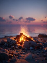 Fototapeta premium warm campfire burning on a beach at dusk with a tranquil sea in the background perfect for cozy and relaxing summer evenings