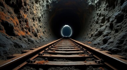 Naklejka premium Dark mine tunnel with light, a railroad track leads into a dimly lit mine shaft with a bright light at the end, symbolizing exploration, resource extraction, and the path to a goal.