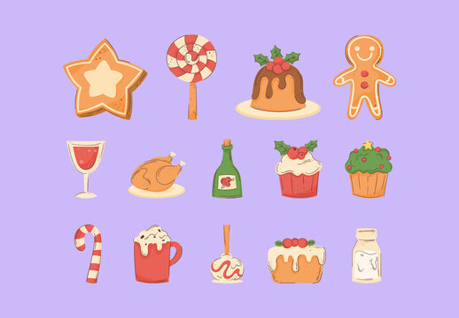 Colorful Christmas Dinner Designs Xmas December Celebration Illustrations Set
