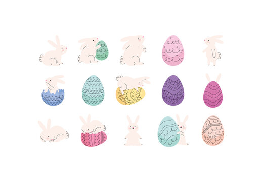 Colorful Easter Illustrations Rabbit Eggs Cute Designs Set