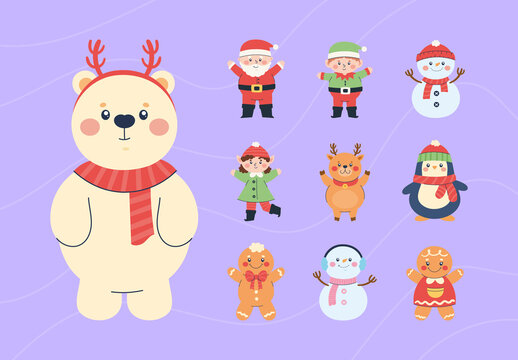 Colorful Christmas Characters Xmas December Celebration Illustrations Set