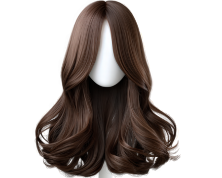 Wavy shoulder length hairstyle on mannequin head, brown synthetic hair, realistic texture, middle part, soft curls, beauty salon display, elegant and stylish look
