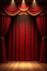 Dramatic Red Stage Curtains with Golden Tassels and Wooden Floor Spotlighted