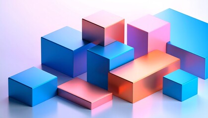 Geometric Arrangement of Colorful Cubes with Reflective Surfaces on a Gradient Background