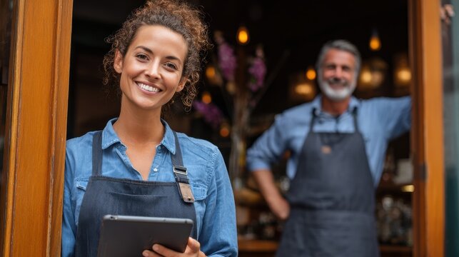 happy waitress standing at restaurant entrance holding digital tablet to check the reservations smiling owner in blue apron standing at coffee shop entrance leaning on door with open signboard no log