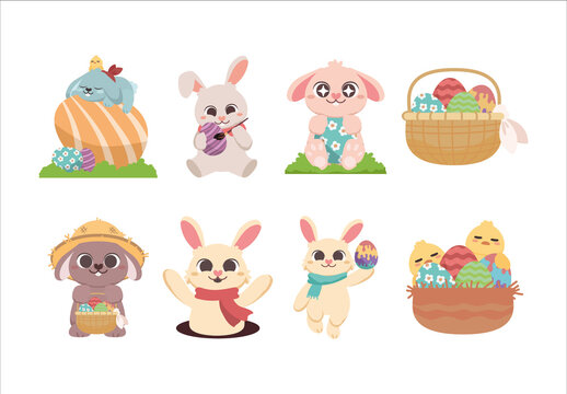 Pastel Colorful Bunny Easter Illustrations Set