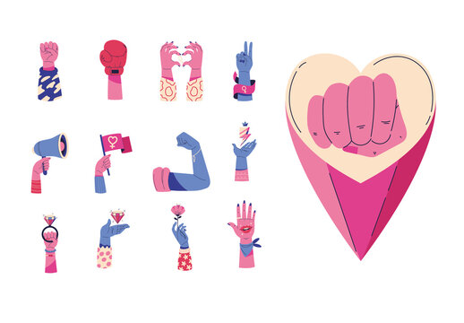 Purple And Pink Girl Power Designs Feminism Empowerment Illustrations Set